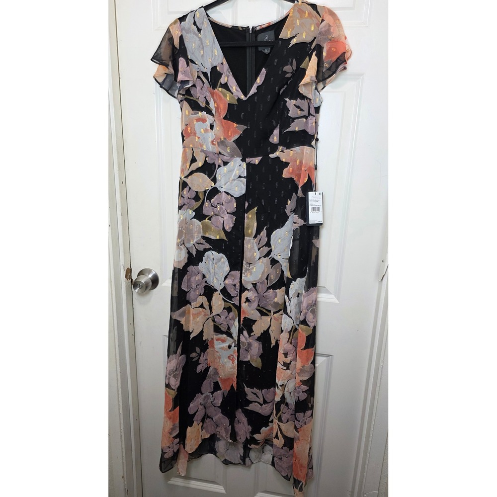 NEW Adrianna Papell Floral Chiffon Jumpsuit Women's 6 Black Metallic Formal Boh